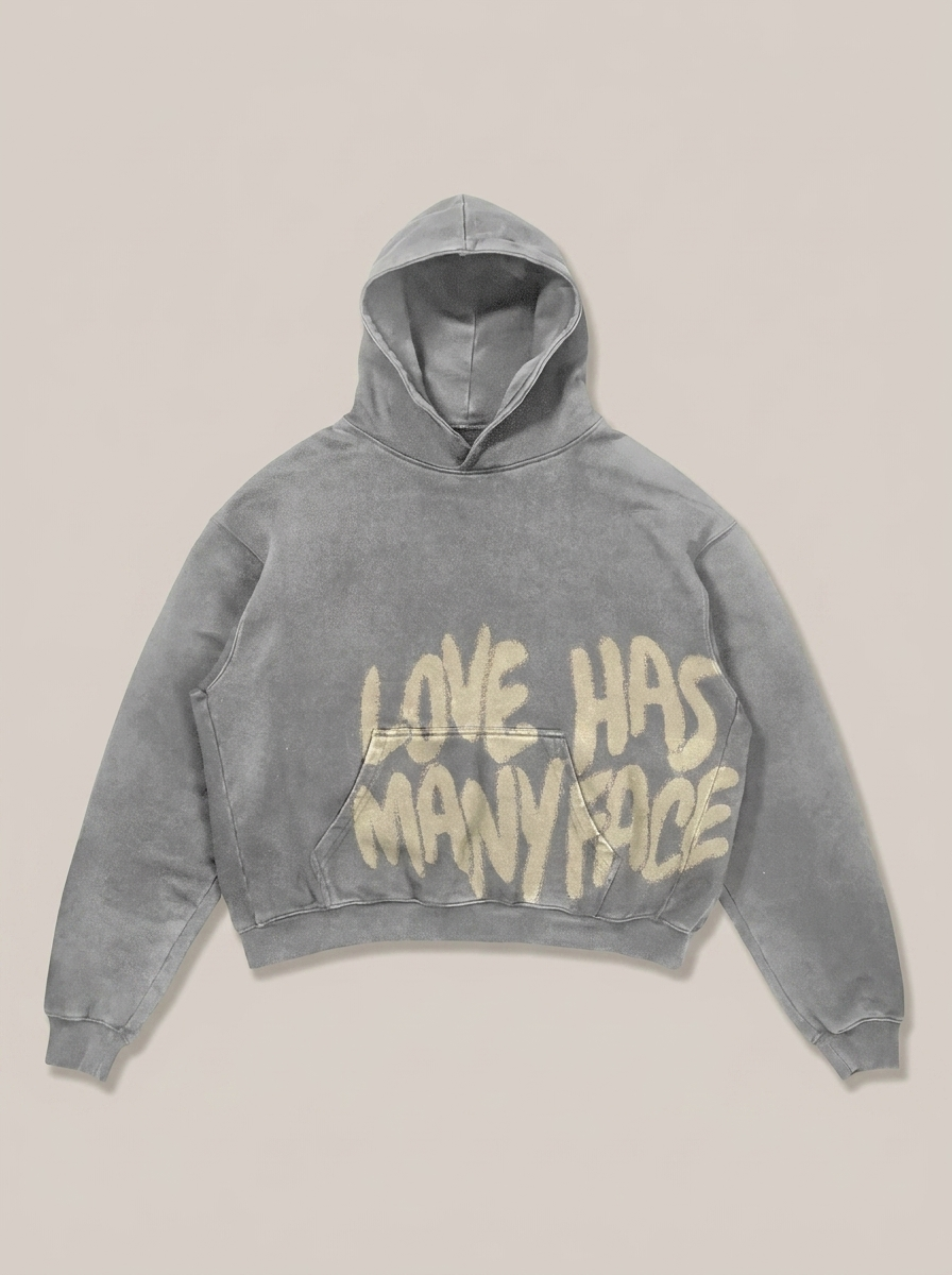 Washed Slogan Hoodie - Grey (Love Has Many Face)