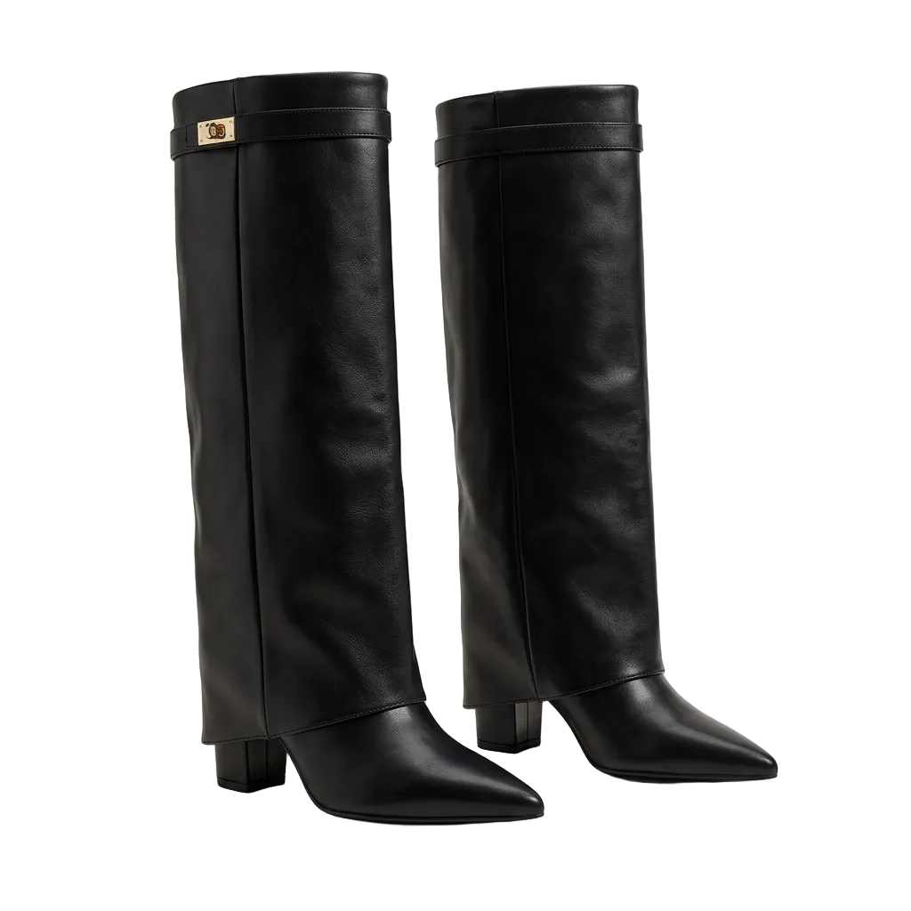 Lovy Boots classic in black leather - knee-high fold-over boot with wedge heel