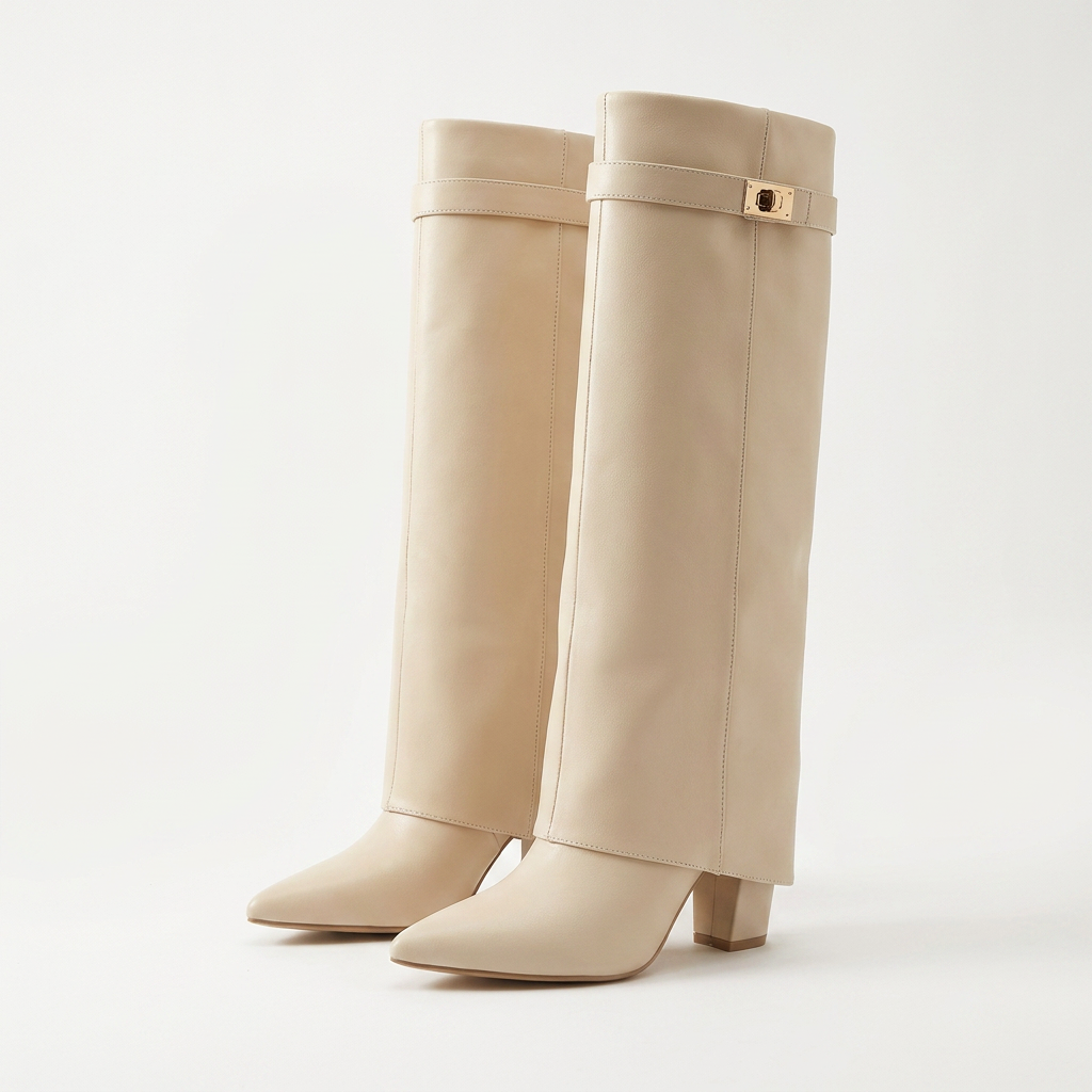 Lovy Boots classic in beige leather - knee-high fold-over boot with wedge heel