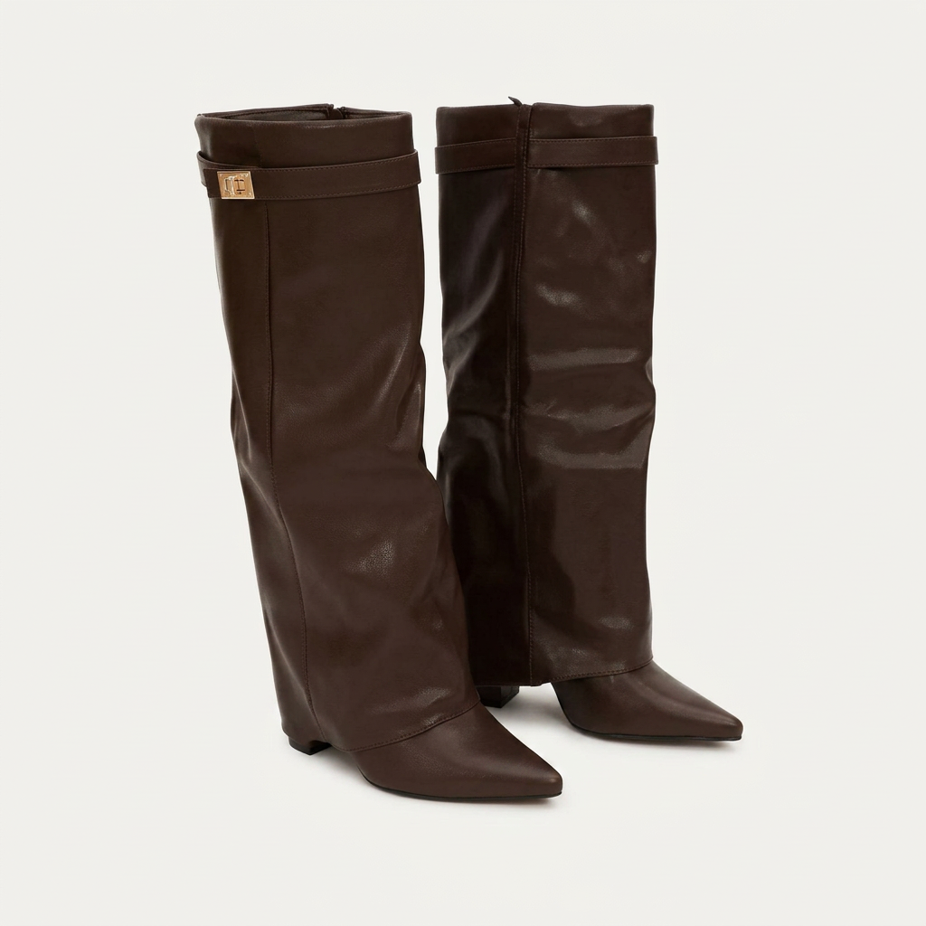 Lovy Boots classic in brown leather - knee-high fold-over boot with wedge heel