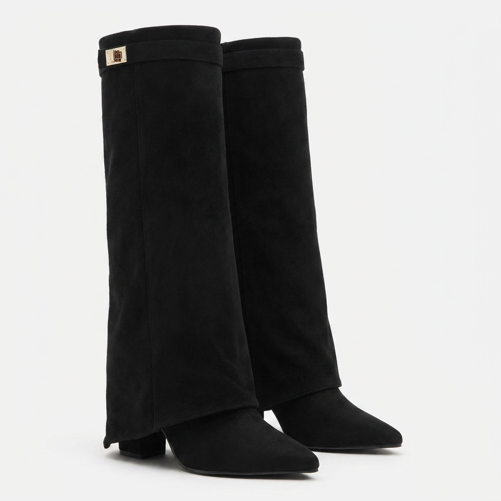 Lovy Boots classic in black suede - knee-high fold-over boot with wedge heel