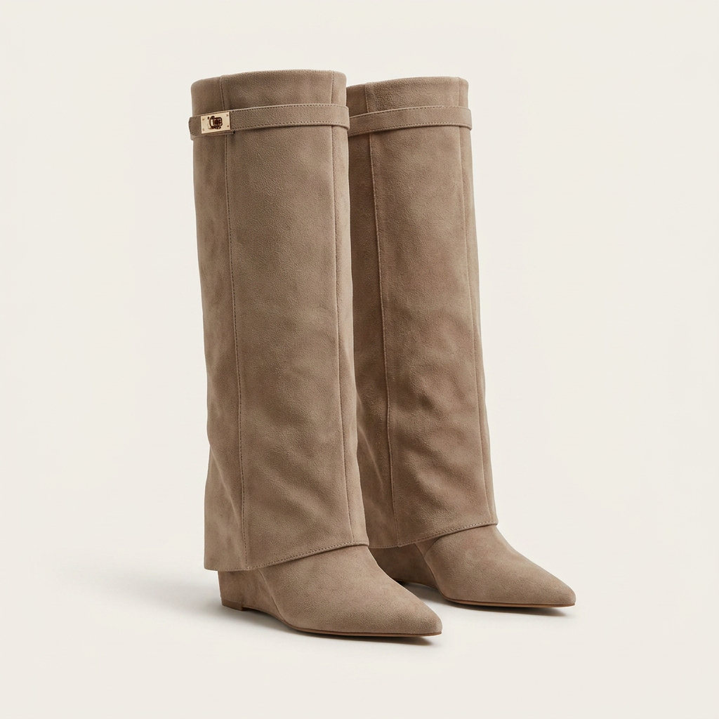 Lovy Boots classic in beige suede - knee-high fold-over boot with wedge heel