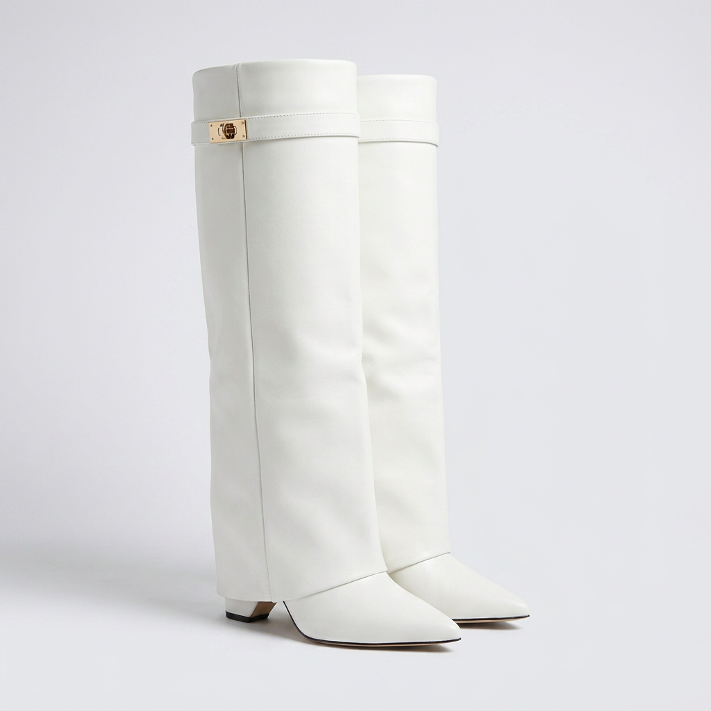 Lovy Boots classic in white leather - knee-high fold-over boot with wedge heel