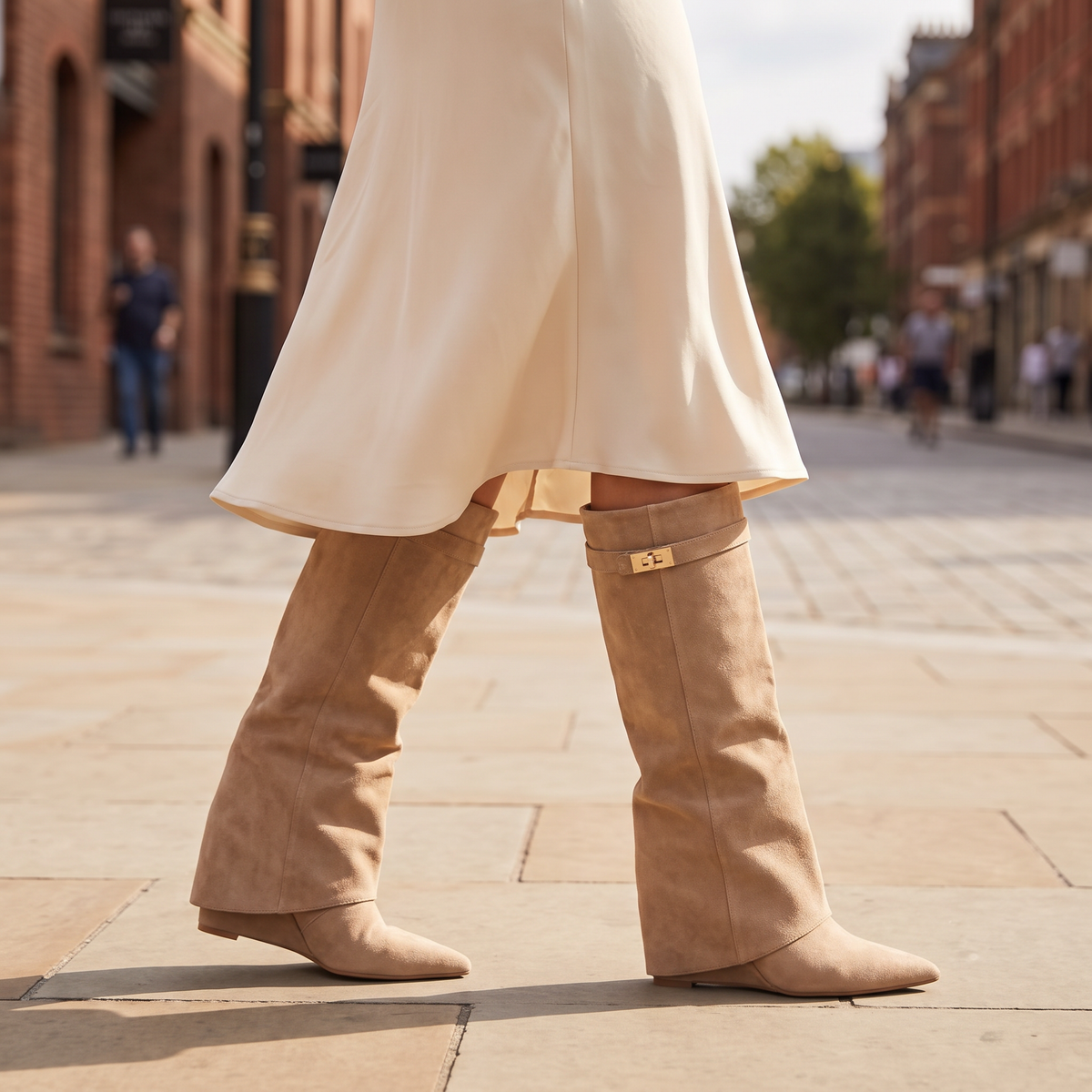 Lovy Boots classic in beige suede, worn with a cream midi skirt