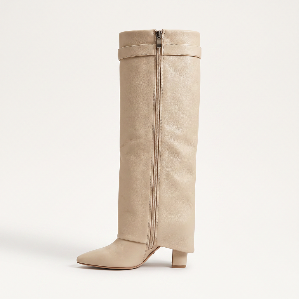 Lovy Boots classic - side view showing the full-length zip in beige leather