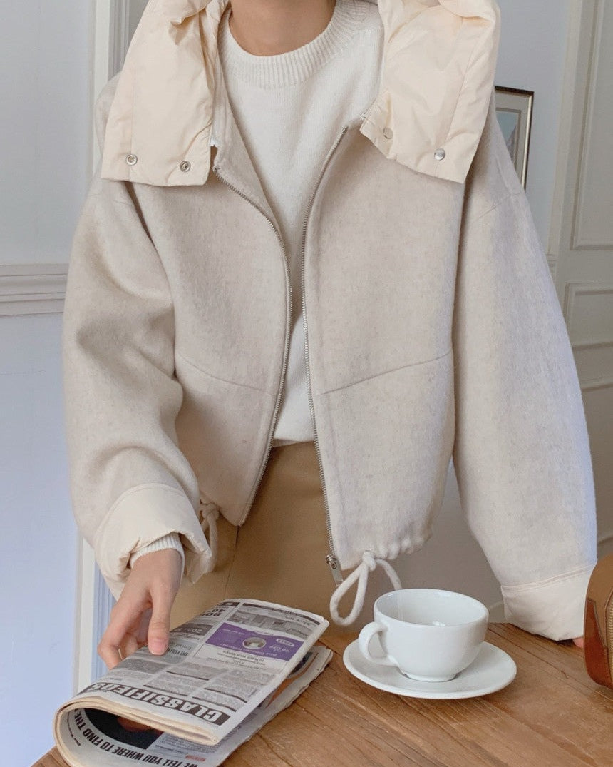 Cream brushed hooded jacket