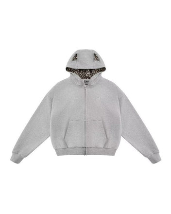Grey leopard print lined hoodie