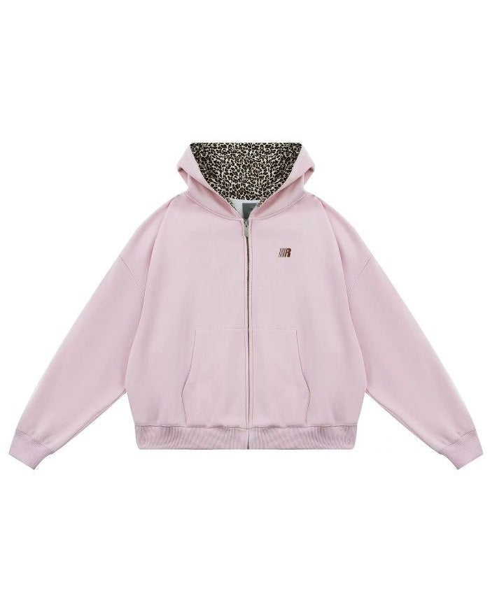 Pink leopard print lined hoodie