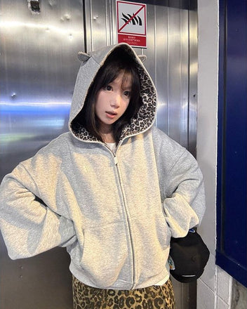 Leopard print lined hoodie