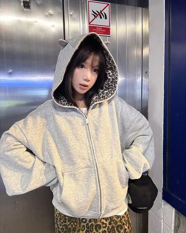 Leopard print lined hoodie