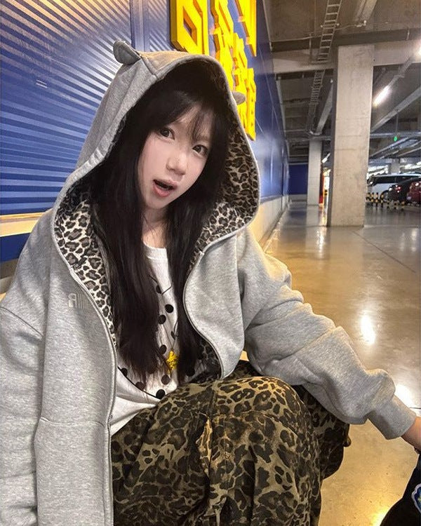 Leopard print lined hoodie