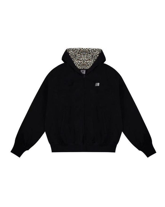 Black leopard print lined hoodie