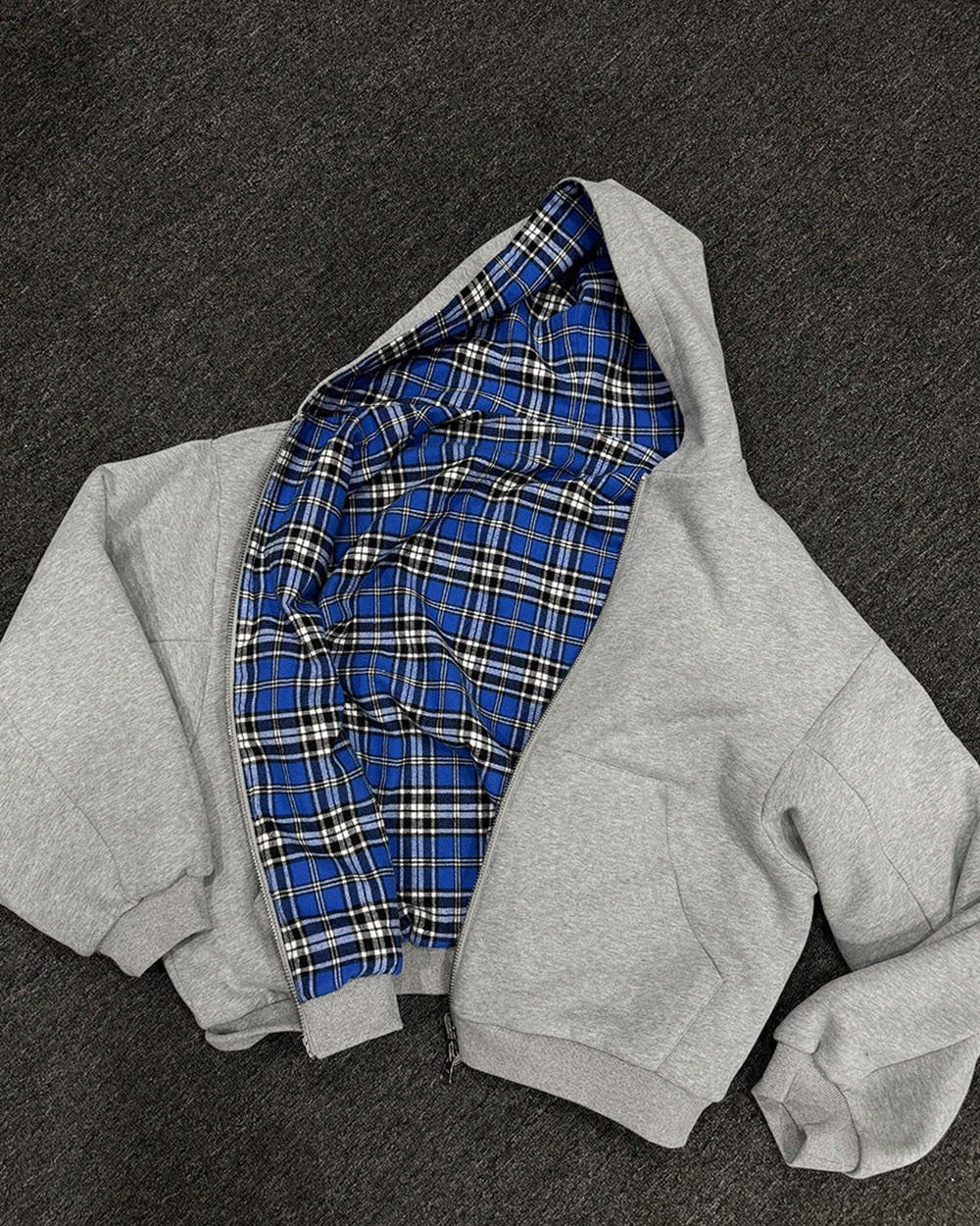 Grey reversible plaid hoodie