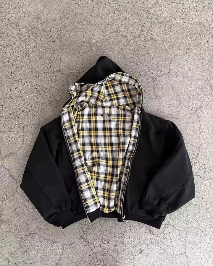 Black reversible plaid hoodie