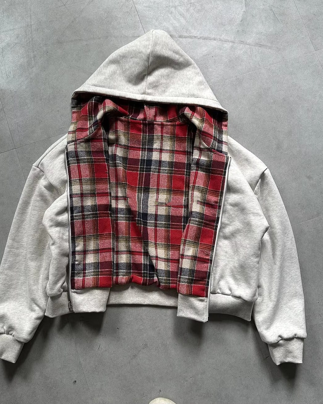 Grey and red reversible plaid hoodie