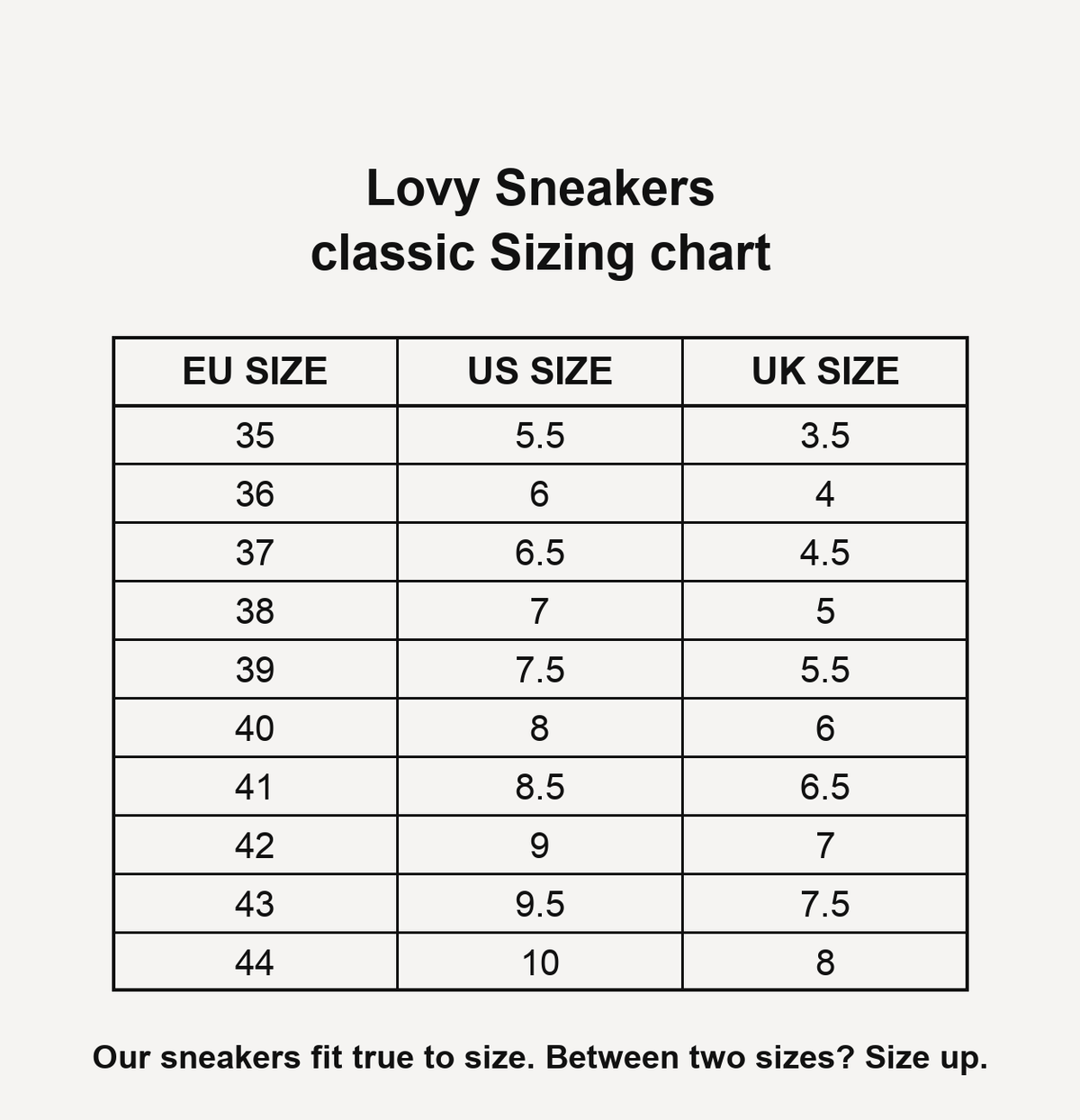 Lovy Sneakers size chart
