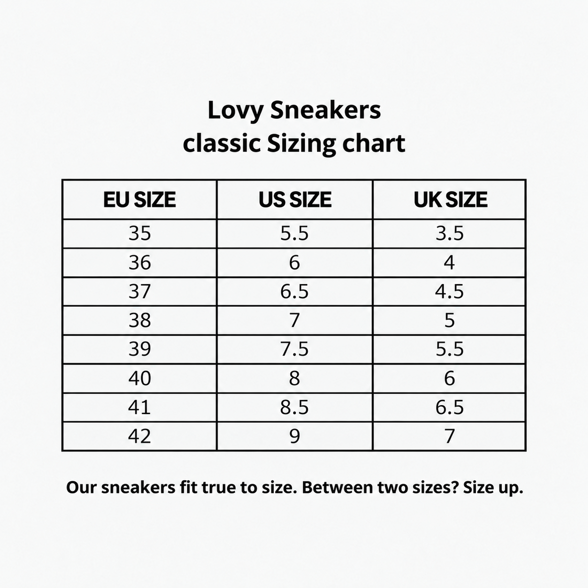 Lovy Sneakers size chart