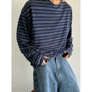 Navy striped boxy longsleeve top