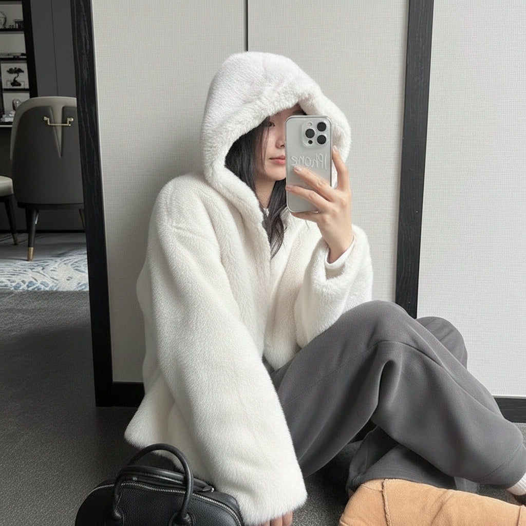 Mink coat hooded white
