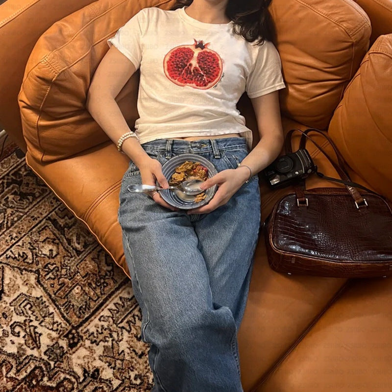 Pomegranate baby tee worn with denim