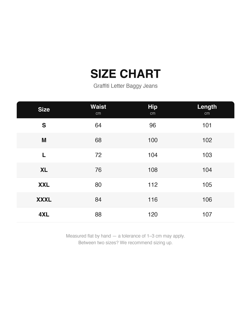 Size chart - Graffiti Letter Baggy Jeans