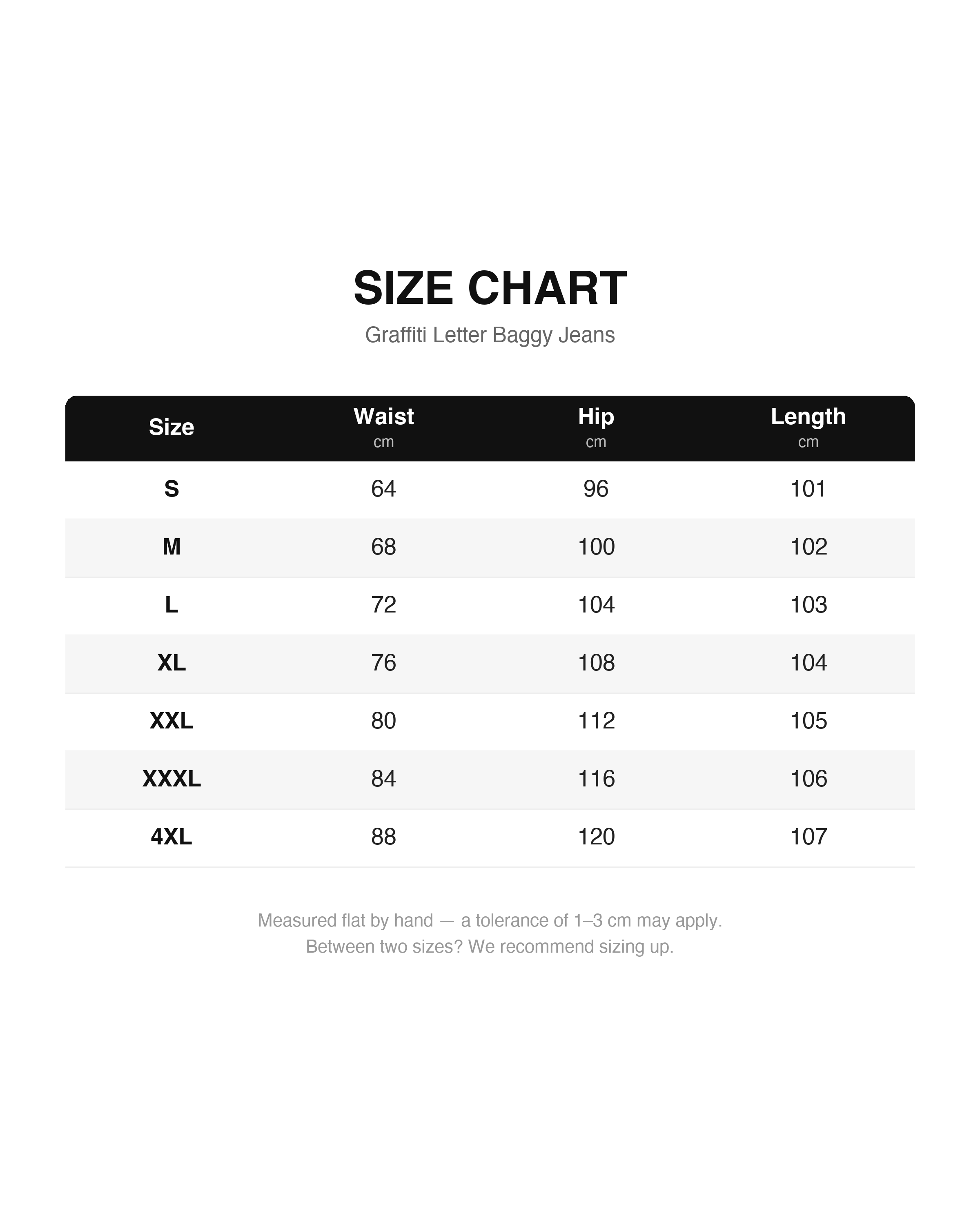 Size chart - Graffiti Letter Baggy Jeans