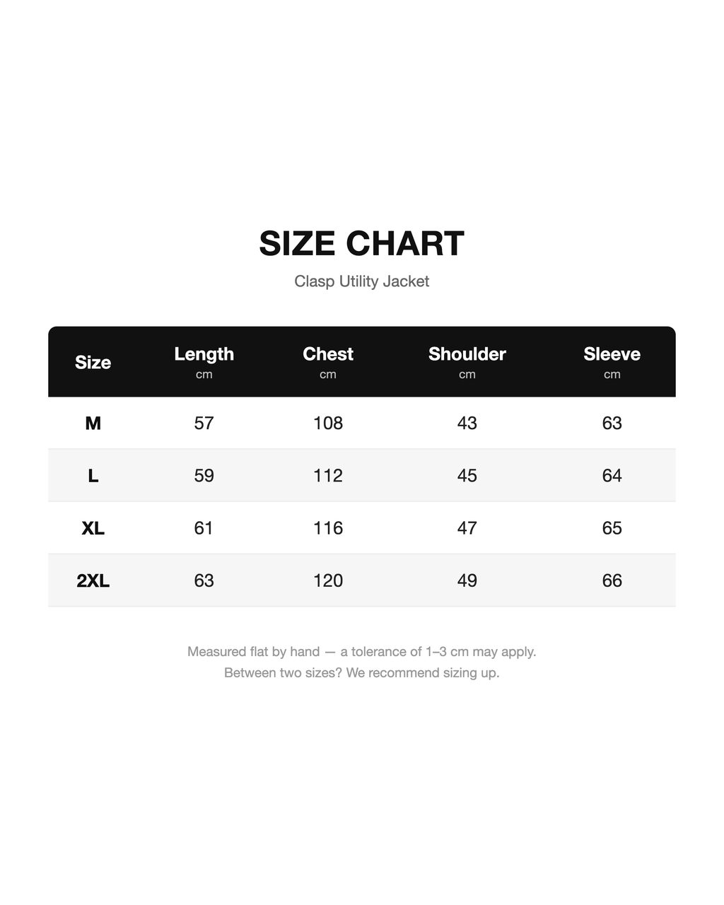 Size chart - Clasp Utility Jacket