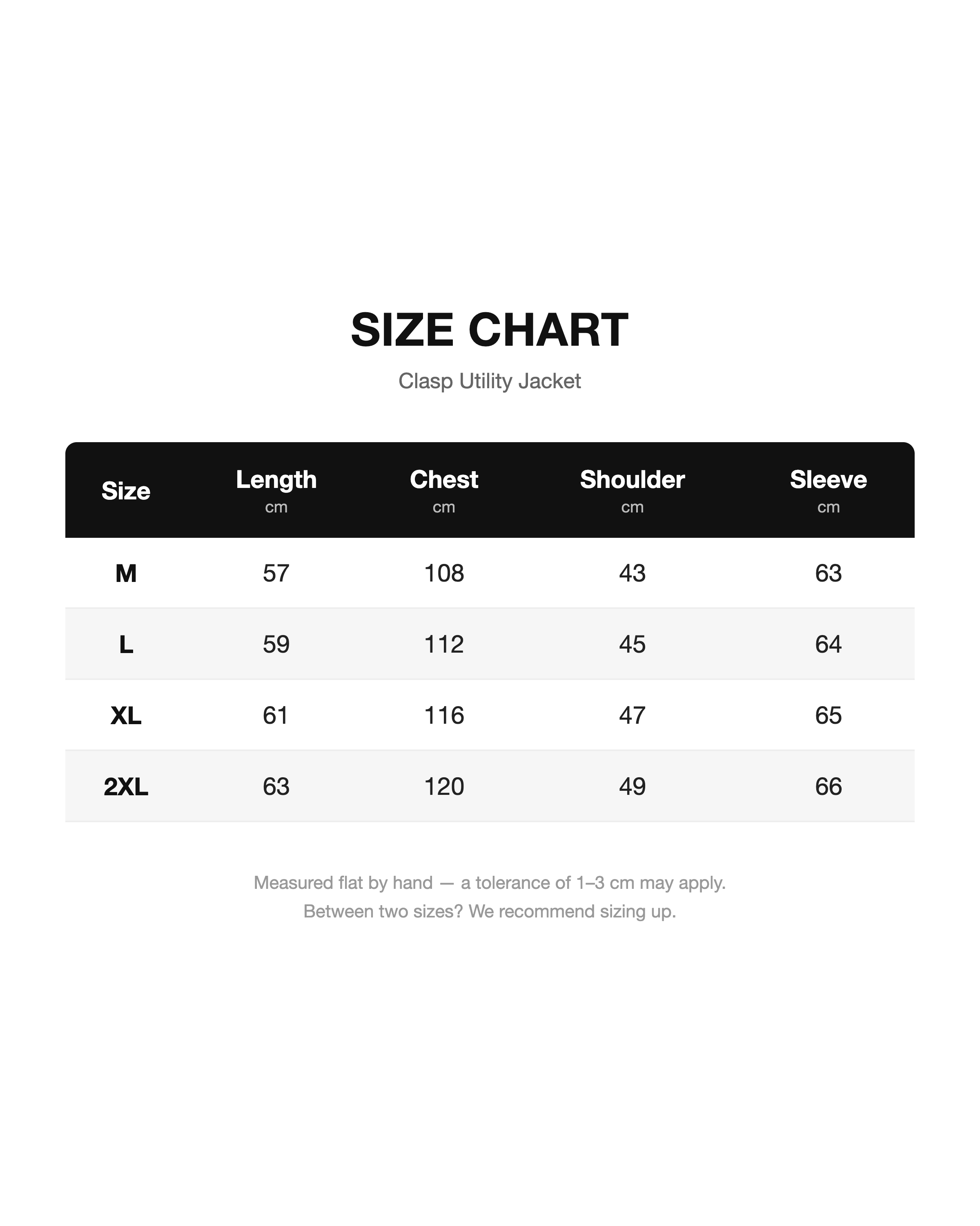 Size chart - Clasp Utility Jacket