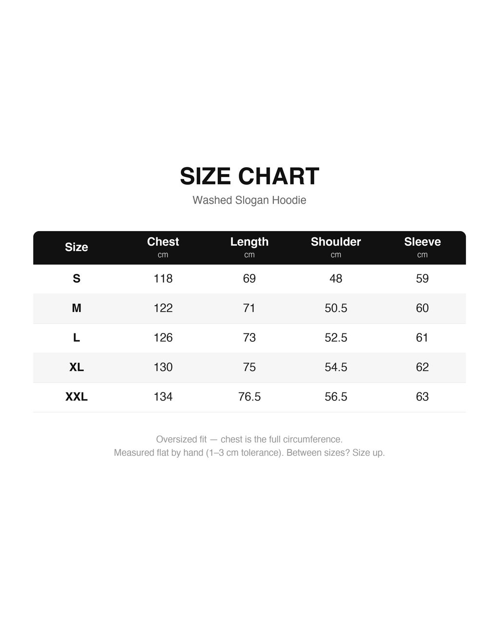 Size chart - Washed Slogan Hoodie