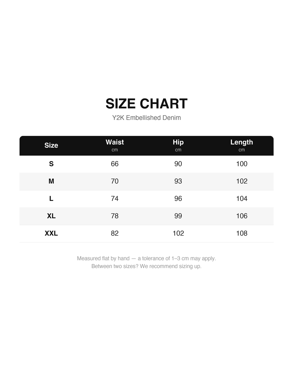 Size chart - Y2K Embellished Denim