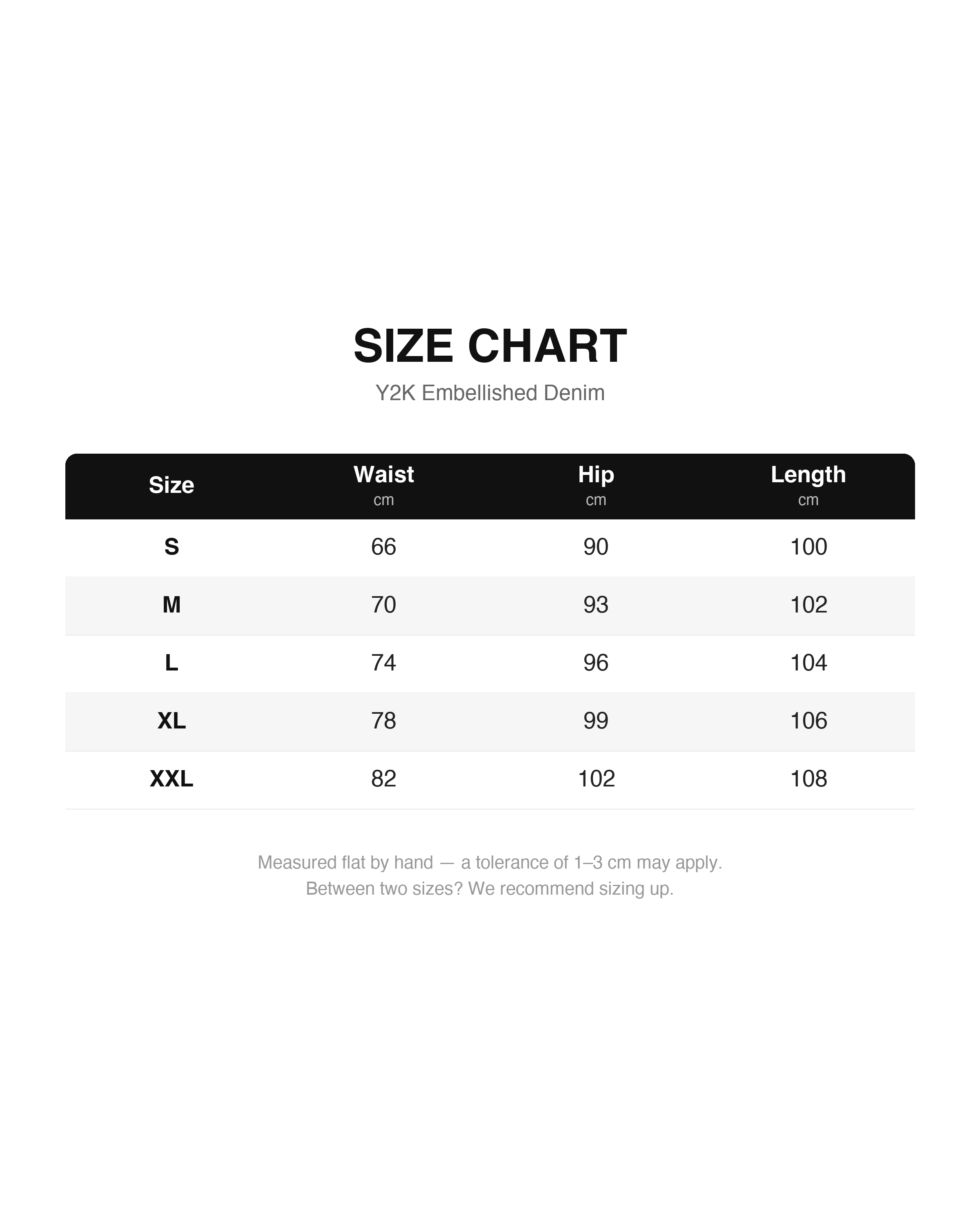 Size chart - Y2K Embellished Denim