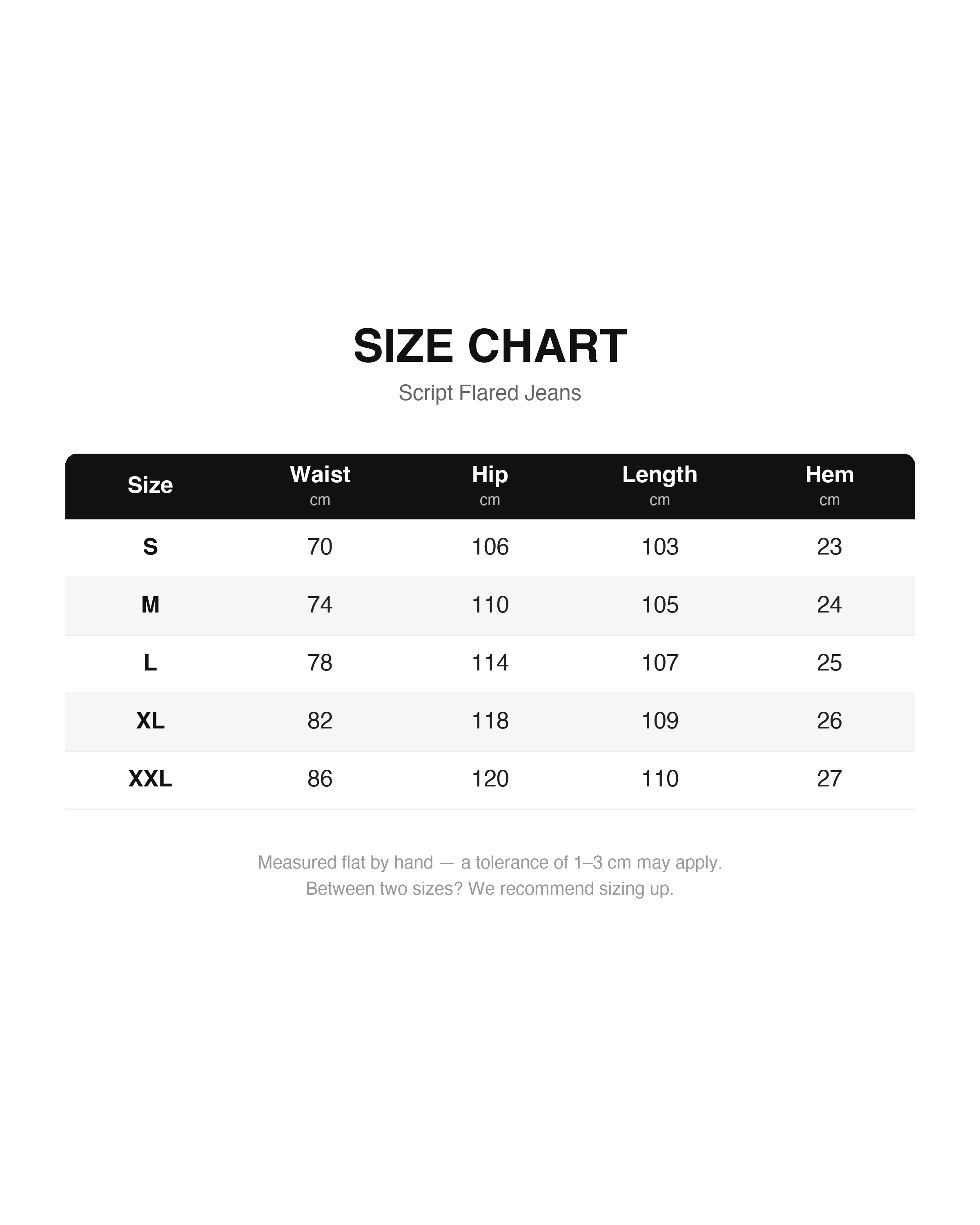 Script Flared Jeans size chart (cm): waist, hip, length, hem for S-XXL
