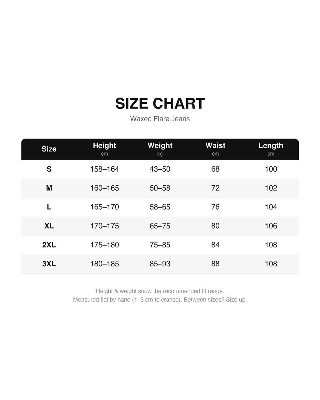 Waxed Flare Jeans size chart (cm): height, weight, waist, length for S-3XL