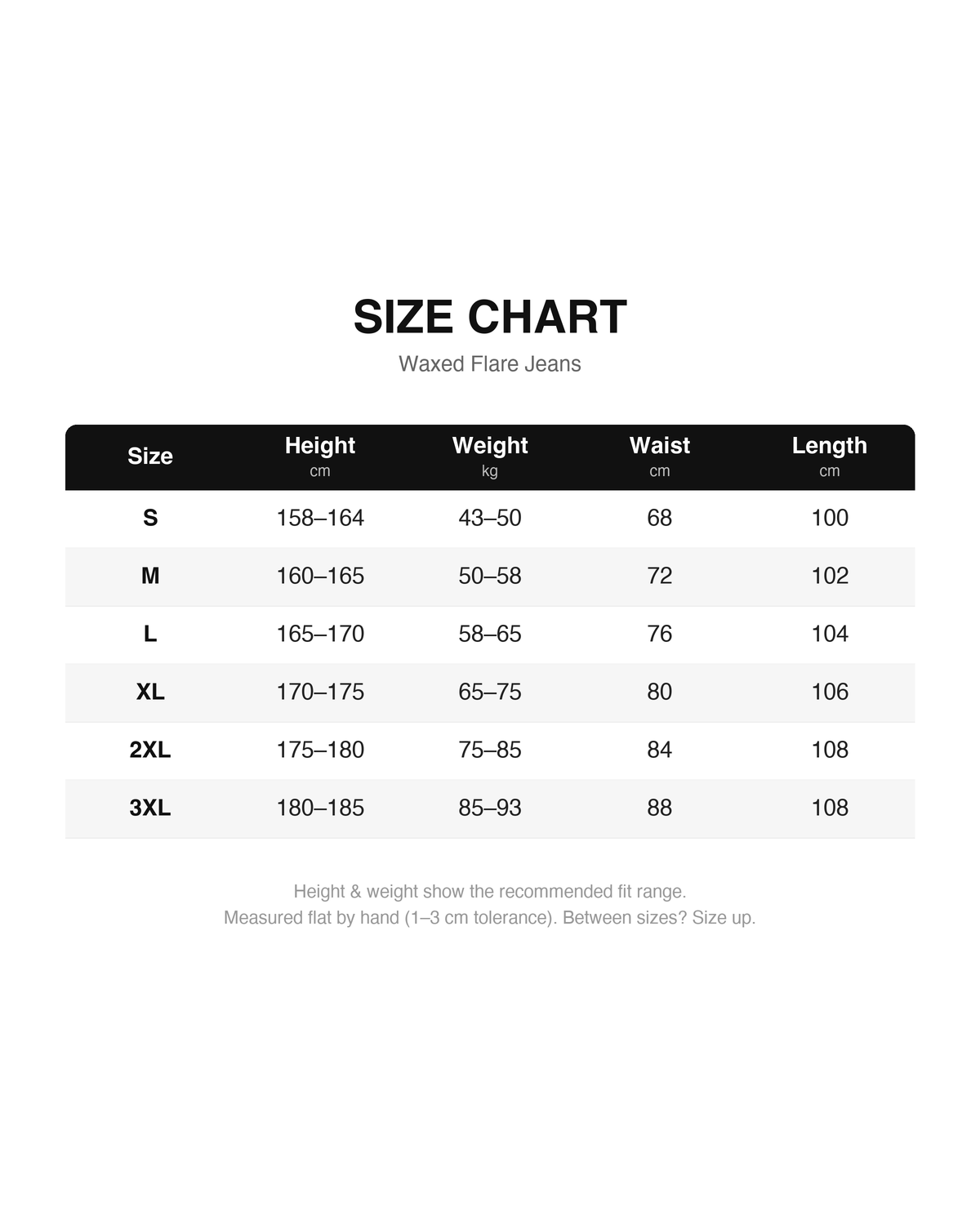 Waxed Flare Jeans size chart (cm): height, weight, waist, length for S-3XL